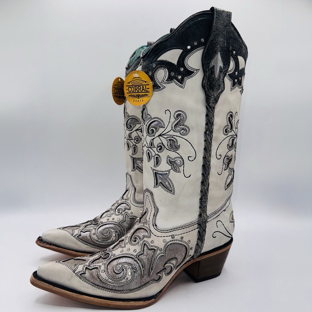Corral Floral Inlay Boots Women's Size 8 M Distressed White Leather Studded